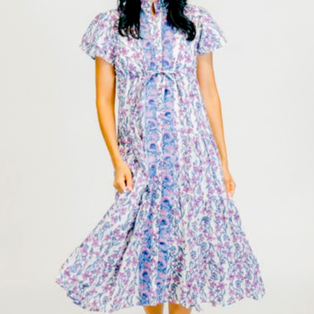 Victoria Dunn Purple and White Floral Midi Dress NEW